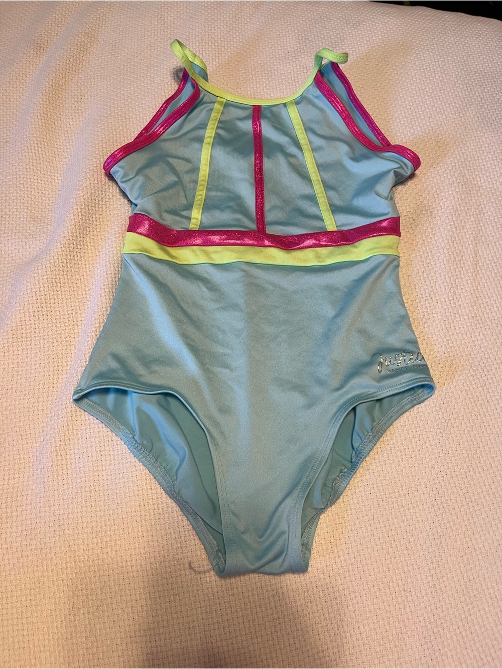 Justice Light Blue One-Piece Swimsuit with Neon Pink & Lime Trim